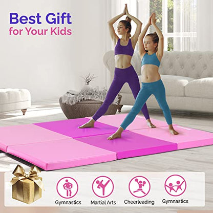 Matladin 6' Folding Tri-fold Gymnastics Gym Exercise Aerobics Mat, 6ft x 2ft x 2in PU Leather Tumbling Mats with Hook & Loop Fastener for Stretching Yoga Cheerleading Martial Arts - color: Purple&Pink