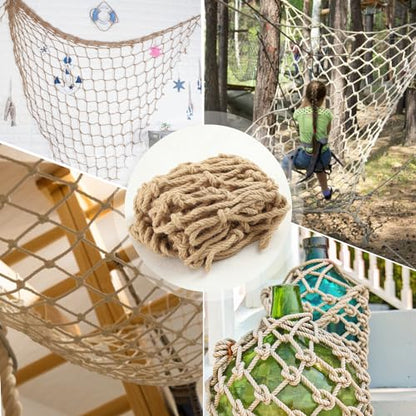 Hemp Rope Net (4ft x 12ft) Heavy Duty Natural Jute Rope Climbing Safety Netting for Balcony Stairs, Fence, Garden, Playground Protection & Indoor/Outdoor Decor - size: 4ftx12ft