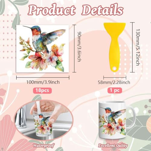 Peacoblue 18 Sheets Rub on Transfers for Crafts, Hummingbird 3.6"x3.9" UV DTF Cup Wraps Waterproof Rub on Cold Transfers Stickers for Wood Glass Metal Cup Tumblers Mirrors Mugs Home Decor - style: Hummingbird