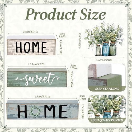 4 Pcs Spring Eucalyptus Mason Jar Wooden Block Decor Farmhouse Tiered Tray Signs Home Sweet Home Tabletop Centerpiece for Kitchen Shelf Decoration Housewarming Gifts