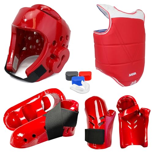 AAMA Custom Foam Sparring Gear Set - Foam Headgear, Olympic Style Chest Guard, Foam Punch and Kick - color: RED