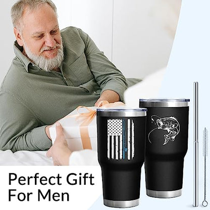 Fishing Tumbler Cups - 30 oz Stainless Steel Insulated Water Bottle With Lid - American Flag Design - Father's Day & Christmas Gifts for Dad & Grandpa - color: Fish Flag-02