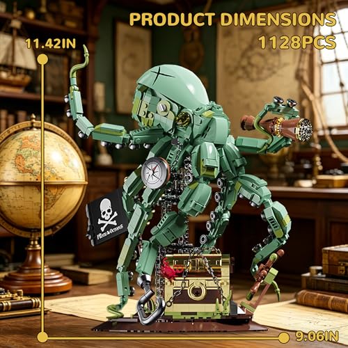 Steampunk Pirate Octopus Building Set for Adults, Mechanical Ocean Animal Collectible Model with Treasure Chest & Flag, Idea Gift for Teens Desk Decor Display -1128pcs