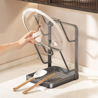 Pot Lid Holder With Drip Tray 2-In-1 Kitchen Countertop Organizer For Pot Lids, Cutting Boards, And Utensils, Space-Saving Design With Easy-Clean Drainage Tray, Black Metal
