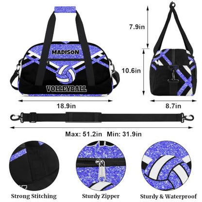 Custom Fitness Volleyball Bag with Name, Light Blue Glitter Black | Personalized Duffle Bag Overnight Bag Gym Duffle Bag for Travel Sleepover Bag - color: Blue