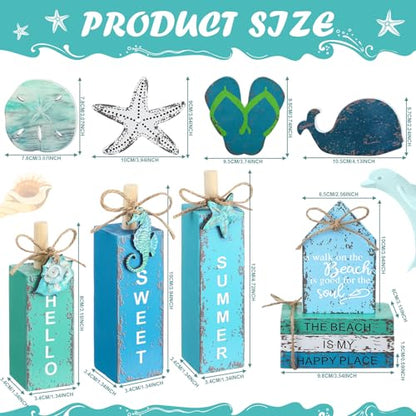 11 Pcs Summer Beach Table Decorations Ocean Tiered Tray Decor Summer Centerpiece Decorative Wood Books Table Top Decor Starfish Wooden Sign for Home Party Supplies (Ocean) - style: Ocean
