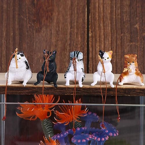 Kopida Fishing Cat Statue 5PCS Creative Kitten Fishing Miniature Figurines Flower Pot Micro Landscape Mini Cute Cat Statue Aquarium Fish Tank Decor Ornaments