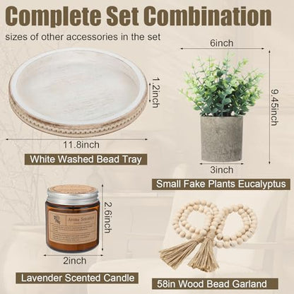 Novabright 6 Pcs Simple Lines Farmhouse Lantern Decor Set Candle Lanterns Decorative Indoor with Wooden Tray Bead Aromatherapy Candle Faux Plant Rustic Decor for Living Room Mantel Housewarming Gift - style: Simple Lines