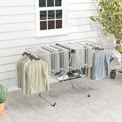 Tangkula 2-Level Collapsible Clothes Drying Rack w/Height-Adjustable Wings | Light-Weight Aluminum | Bottom Shoe Rack | No Assembly | Foldable & Space-Saving| for Laundry Room, Balcony, Patio | Silver