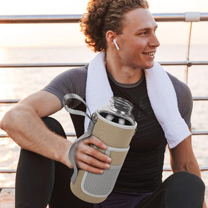 48 oz Sports Borosilicate Glass Water Bottle with Bamboo Lid with Neoprene Sleeve - color: Gold-x