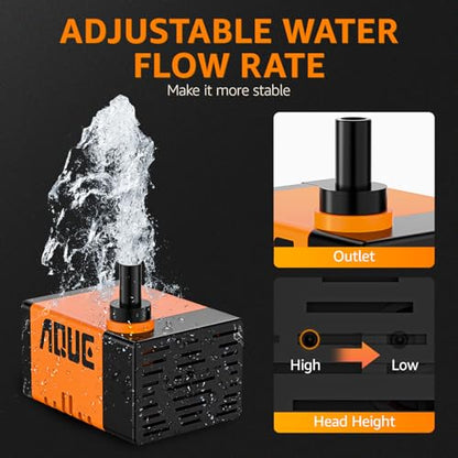 Submersible fountain pump, an ultra-quiet water pump 100GPH,120V 60HZ, features a detachable design, and is suitable for fish tanks, aquariums, hydroponic systems, and fountains.