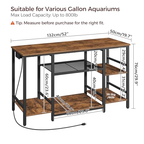 MAHANCRIS 55-75 Gallon Fish Tank Stand with Power Outlet, 3-Tier Metal Frame Aquarium Stand, Heavy Duty Reptile Terrarium Tank Stand, 52.0"L x 19.7"W x 29.9"H, 800 LBS Capacity, Rustic Brown FTHR55E01 - color: Rustic Brown