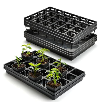 RooTrimmer 24 Cell Nursery Pots Trays (17"x11"x2") with Plastic Flat Seed Starter Trays, Durable Carrying Seedling Starter Tray, Reusable Planting Tray for Holding 2.7 inch Nursery Pots, 3 Sets Combo - color: Black, size: Pot Trays + Flat Trays-3P