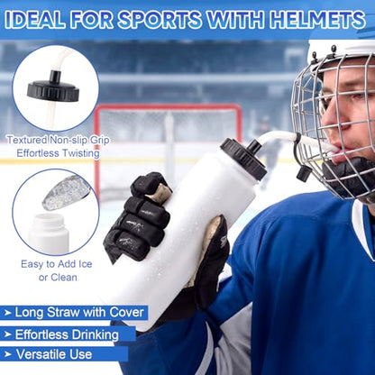 8 Pack Hockey Water Bottles 1 Liter Easy Squeeze Plastic 34 oz Sports Water Bottles with Long Straws for Hockey, Lacrosse, Football, Soccer, Baseball, Gym Sports Helmets(White) - color: White