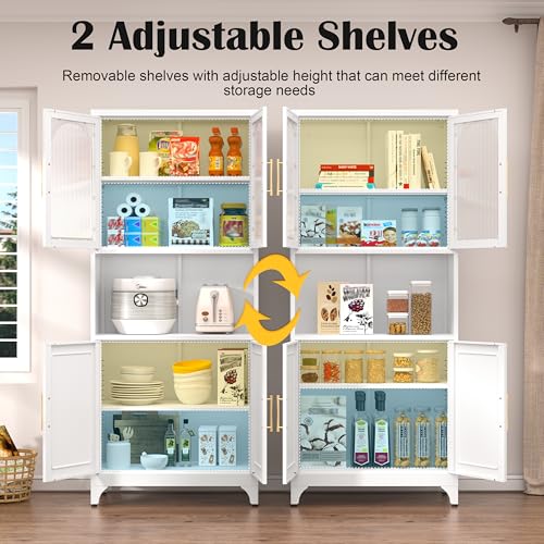 Metal Kitchen Pantry Storage Cabinet，75" Tall Storage Cabinets with 4 Doors and Adjustable Shelves ，White Hutch Cabinet with Microwave Stand,Large Kitchen Cupboard for Dining Room