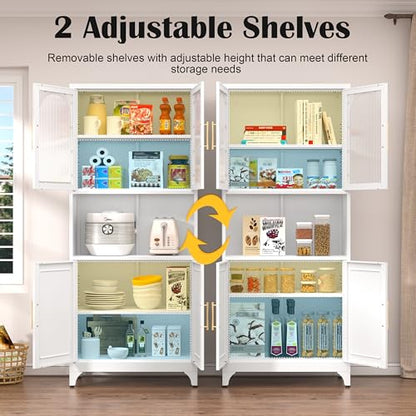 Metal Kitchen Pantry Storage Cabinet，75" Tall Storage Cabinets with 4 Doors and Adjustable Shelves ，White Hutch Cabinet with Microwave Stand,Large Kitchen Cupboard for Dining Room