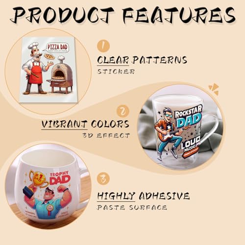 UV DTF Cup Wraps, 12 Sheets Transfer Stickers for 16oz Glass, Father's Day Super Dad Rub On Decals for Tumblers and Candlestick