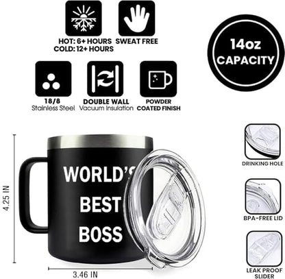 World's Best Boss Mug, Office Coffee Tumbler Mug With Lid 14 Oz, Office Decor, Boss's Day Christmas Birthday Gifts for Boss Lady Men Fans Coworkers or Friends