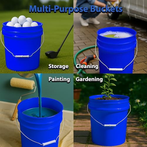 5-Gallon Bucket with Airtight Lid – Made in USA, Food Grade BPA Free Plastic, Heavy Duty Multi-Use, Metal Handle with Grip, Stackable Storage – Blue, 3 Pack
