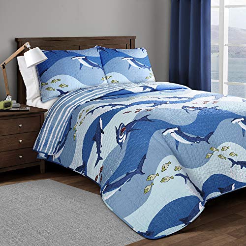 Lush Decor 16T003162 Blue Shark Allover Quilt | Fish Ocean Wave Reversible 3 Piece Bedding Set-Full Queen - size: Full/Queen