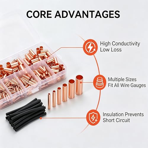 250pcs Wire Terminal connectors 7Size Electrical Butt Connector Copper Tube Connector Kits with Heat Shrink Tubing Wire Ferrules Kits