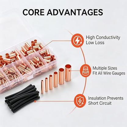 250pcs Wire Terminal connectors 7Size Electrical Butt Connector Copper Tube Connector Kits with Heat Shrink Tubing Wire Ferrules Kits