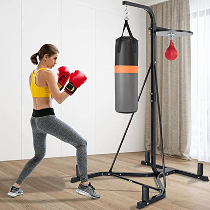 2-in-1 Punching Bag Stand for Adults, Heavy Bag Stand with Height Adjustable Speed Bag, Weighted Base Hold Up to 220 LBS, Freestanding Boxing Equipment for Home Gym Fitness MMA Training