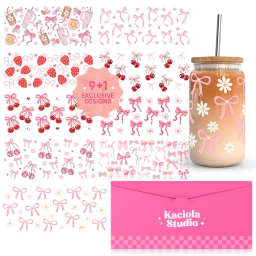 10 Sheets UV DTF Cup Wraps for 16 oz-Bow Theme UV DTF Stickers, 1 Sheet Mysterious Pattern Transfer, Rub on Transfers Stickers for 16 oz Libbey Glasses Crafting