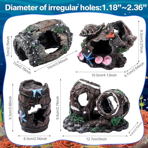 4 Pcs Fish Tank Decorations Broken Barrel Betta Hideout Cave Ornaments Aquarium Decorations Cave Large Fish Tank Ornaments for Small Shrimp Hide Pond(Classic)
