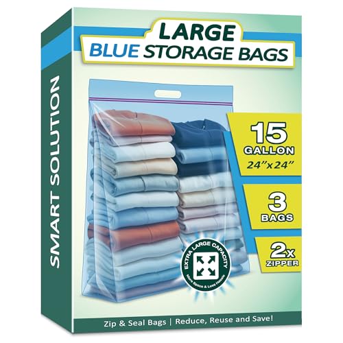 15 Gallon Extra Large Storage Bags with Handles, 3.5 Mil Thick 24"x24" with Clear Zipper Heavy Duty for Home, Moving and Travel, 3 Packs, Blue