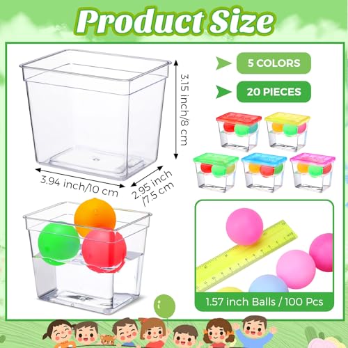 20 Set 12oz Plastic Fish Bowls with 100 Table Tennis Carnival Game Favors Rectangle Gold Fish Bowls with Multicolor Balls Reptile Terrariums Cage for Kids Carnival Game Party Activity Prize