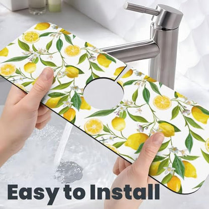 Yellow Lemon Teal Kitchen Sink Splash Guard Faucet Mat 1 Pcs, Absorbent Fast Drying Mat Gadgets Splash Guard For Bathroom 15 X 5.5 Inches