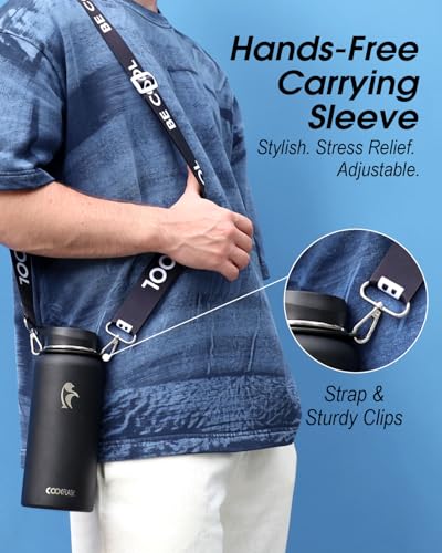 Coolflask 32 oz Water Bottle Insulated Stainless Steel with Strap - color: Magic Black, size: 32 Ounces