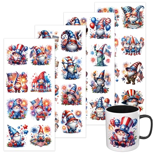 4 PCS 4th of July Gnome UV DTF Cup Wrap for 16oz, Rub on Transfer Stickers Glass Mugs, High Viscosity Permanent UV DTF Sticker, Coffee Cups, Water Bottles and Personalized Crafts - style: 4th of July Gnome