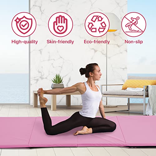 Gymnastics Mat Exercise Mat Tumbling Mats for Home Gym, Folding Portable 4'x10'x2" Extra Thick Crash Panel Mat with Carrying Handles for Kids Adults - color: Pink