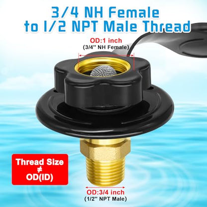 RV Fresh Water Inlet, RV Water Fill Inlet with Check Valve, 3/4 NH Female to 1/2 NPT Male RV Water Hose Connector, RV Water Inlet Replacement with Dust Plug for RV Camper Motorhome Marine - color: Black