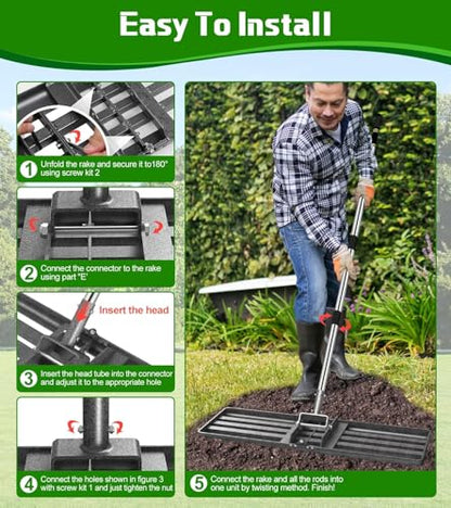 Heavy-Duty Lawn Leveling Rake Levelawn Tool with 30"x10" Plate & 6.2FT Adjustable Stainless Steel Handle Effortlessly Levels Soil/Dirt Surfaces in Lawn, Garden, Backyard, Golf Course, Farm, Pasture