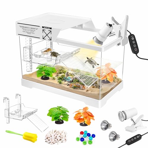 GOZILLA Mini Aquatic Turtle Tank Kit with Adjustable Lamp,PC Turtle Tank Starter Kit,Small Hermit Crab Tanks with Lid, Hanging Platform for Baby Turtles,Crabs,Fish.(11.8×7.24×7.1''/White Kit) - color: Mini-White01