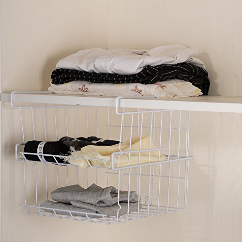 Under Shelf Storage Basket, 2-Pack Under Shelf Hanging Metal Wire Storage Basket Organizer for Kitchen, Office, Pantry, Bathroom, Cabinet, White