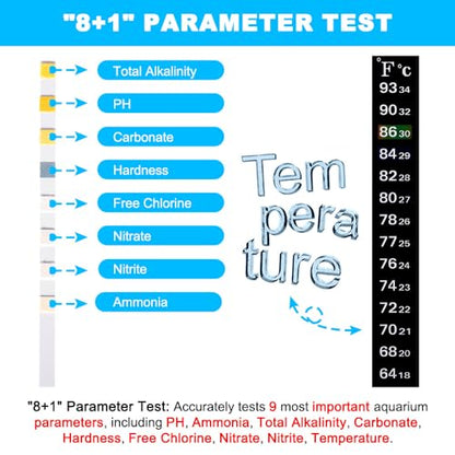 8 in 1 Aquarium Test Kit Fish Tank Test Strips Accurate Water Quality Testing Strips for Ammonia PH Total Alkalinity Carbonate Hardness Free Chlorine Nitrate Nitrite Temperature (100 Strips)