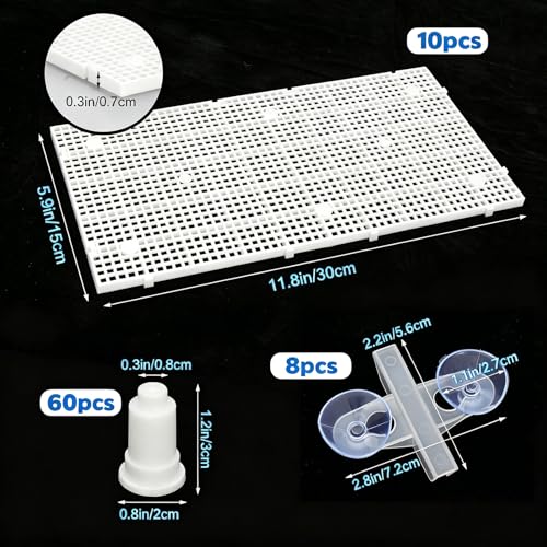 10 Pieces High-Density Aquarium Grid Plastic, Fish Tank Divider with 60 Brackets & 8 Suction Cups, Plastic Egg Crate Grid Panel for DIY Aquarium Lid, Bottom Filtration, Aquascaping Protection, White