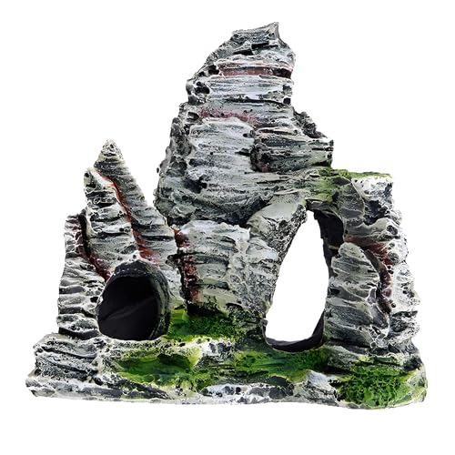 Resin Aquarium Stone Cave with Artificial Moss – Natural Rock Mountain Ornament for Fish Tank, Shrimp & Betta Hiding, Reptile Habitat Decoration, Small Landscape Terrain Accessory for Aquatic Decor