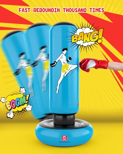 QPAU Inflatable Punching Bag for Kids with Boxing Gloves, 66 in, Blue