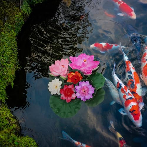 COHEALI Artificial Lotus Flower Floating Water Lily with Lifelike Eva Lily Pads, 9pcs Aquarium Pond Decoration Set, Eco-Friendly Fake Flowers for Fish Tank and Garden Display