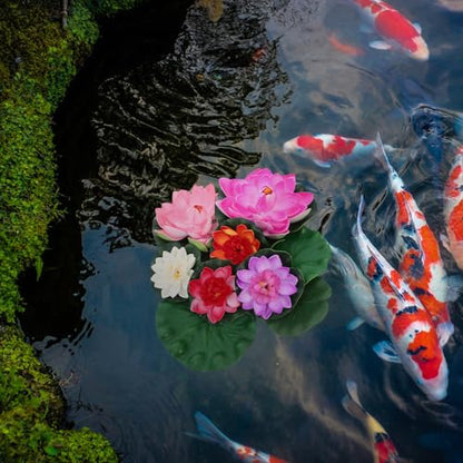 COHEALI Artificial Lotus Flower Floating Water Lily with Lifelike Eva Lily Pads, 9pcs Aquarium Pond Decoration Set, Eco-Friendly Fake Flowers for Fish Tank and Garden Display