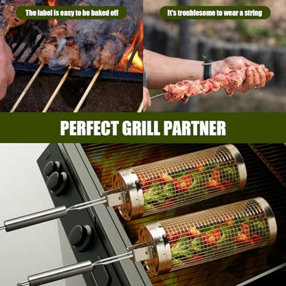 Rolling Grill Baskets (2PCS), 304 Stainless Steel with Removable Stainless Steel Handle, Rolling Grilling Net, BBQ Accessories Tools for Vegetables Shrimp, Outdoor Cooking Camping, Gifts for Men Dad Husband