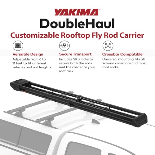 Yakima Rooftop Fly Rod Carrier, Adjustable Length Holder for up to 4 Fly Fishing Poles up to 10 Ft Long – Felt Padding, Reel Box & Tubes for Secure Gear Storage, DoubleHaul