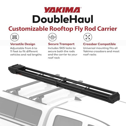 Yakima Rooftop Fly Rod Carrier, Adjustable Length Holder for up to 4 Fly Fishing Poles up to 10 Ft Long – Felt Padding, Reel Box & Tubes for Secure Gear Storage, DoubleHaul