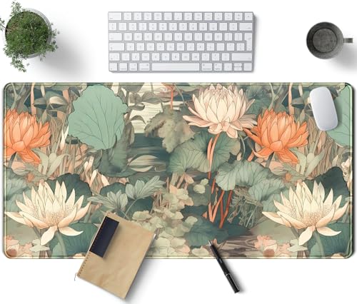 Light Emerald and Orange Floral Desk Mat, XXL Large Extended Mouse Pad Gaming Desk Pad, Aesthetic Asian Lotus Flower Big Laptop Keyboard and Mouse Mat for Women Desktop Office Decor 31.5x15.7 in - color: Light Emerald and Orange Lotus