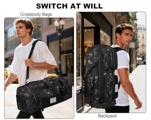 LHI 50L Tactical Duffle Bag for Men, 3-in-1 Gym Duffle and Backpack, Shoe Compartment, Laptop Sleeve and MOLLE, Carry-On Travel Weekender and Overnight Bag – Black CP Camo - color: Black CP Camo